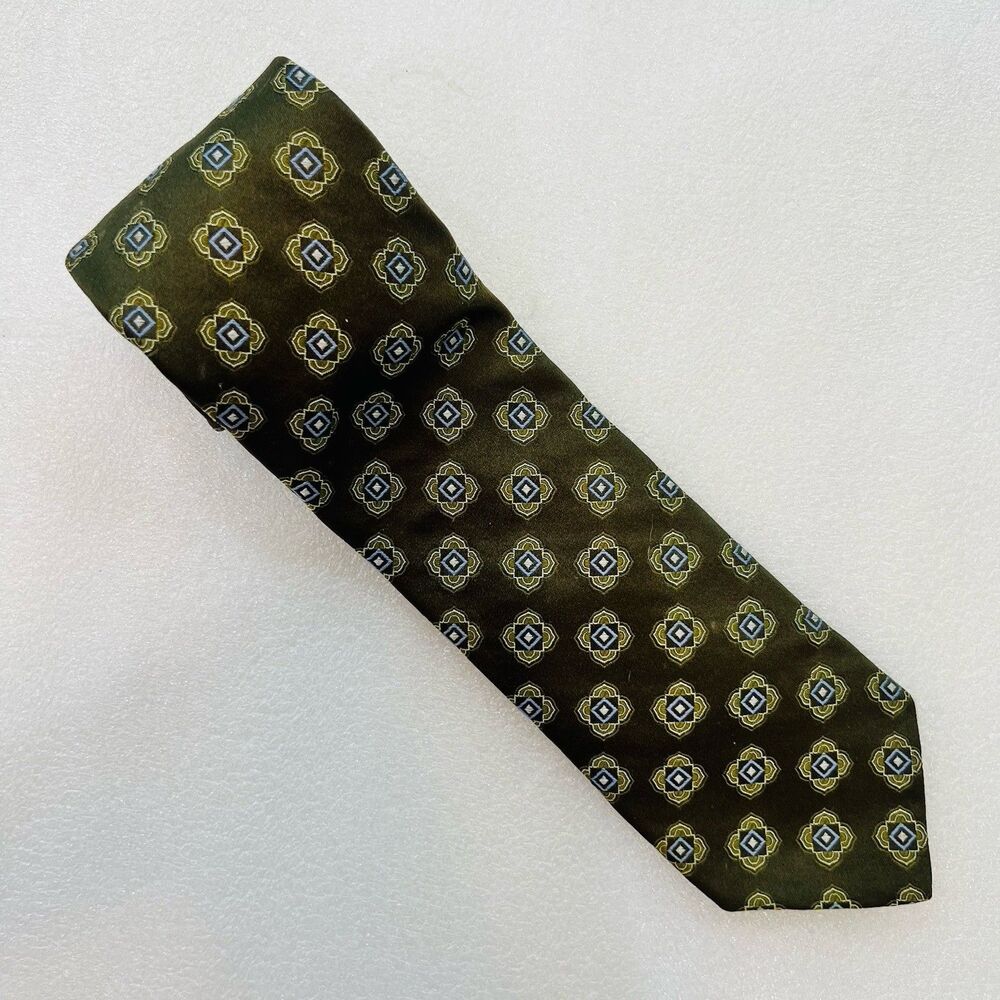 Hart Schaffner Marx Men's Silk Tie Olive Green Gold Geometric Medallion Necktie